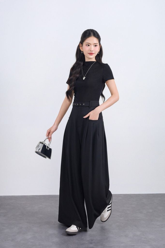 FQD51168 - Quần dài công sở vải tuyp xy dáng suông ống rộng phối ly bung tạo xoè kèm dây đai thắt eo - JAN.