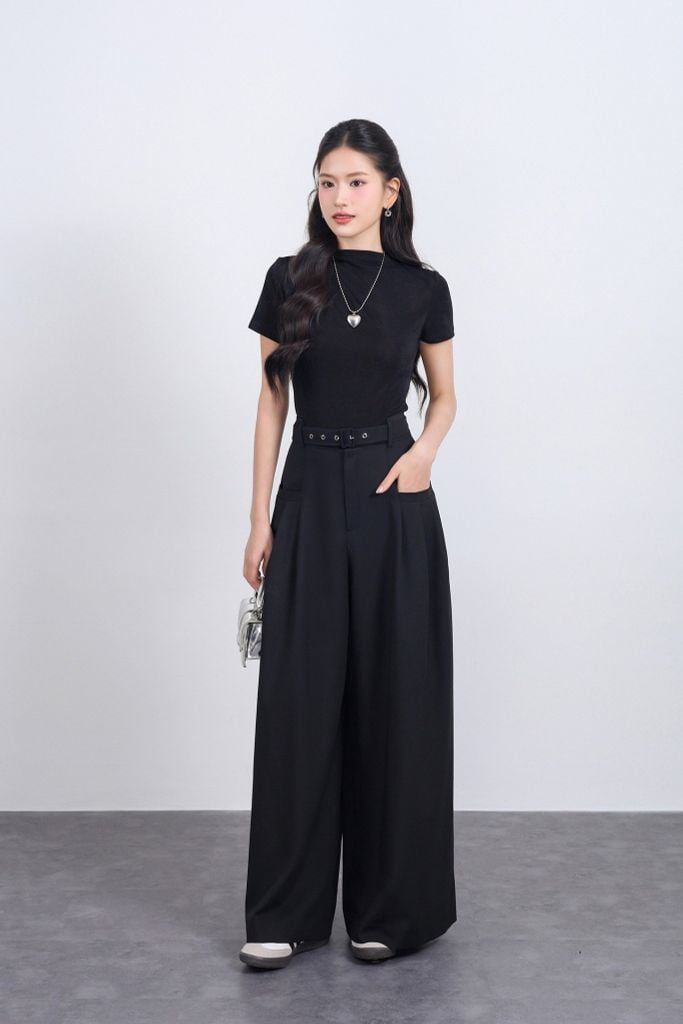 FQD51168 - Quần dài công sở vải tuyp xy dáng suông ống rộng phối ly bung tạo xoè kèm dây đai thắt eo - JAN.