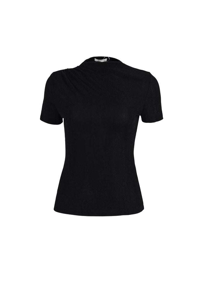 FAT3742 - Áo thun cao cấp vải len co giãn dáng ôm cổ cao vai nhún tạo kiểu - JAN.