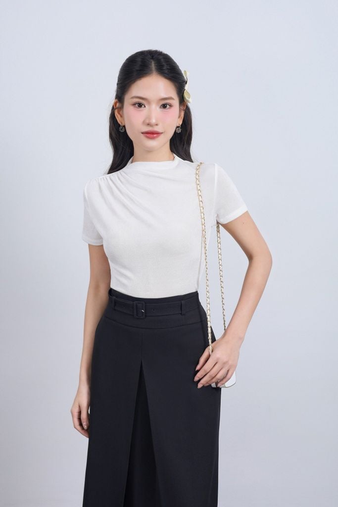 FJD51287 - Chân váy dài vải thô dáng suông thân váy phối ly xẻ tạo kiểu kèm dây đai thắt eo - JAN.