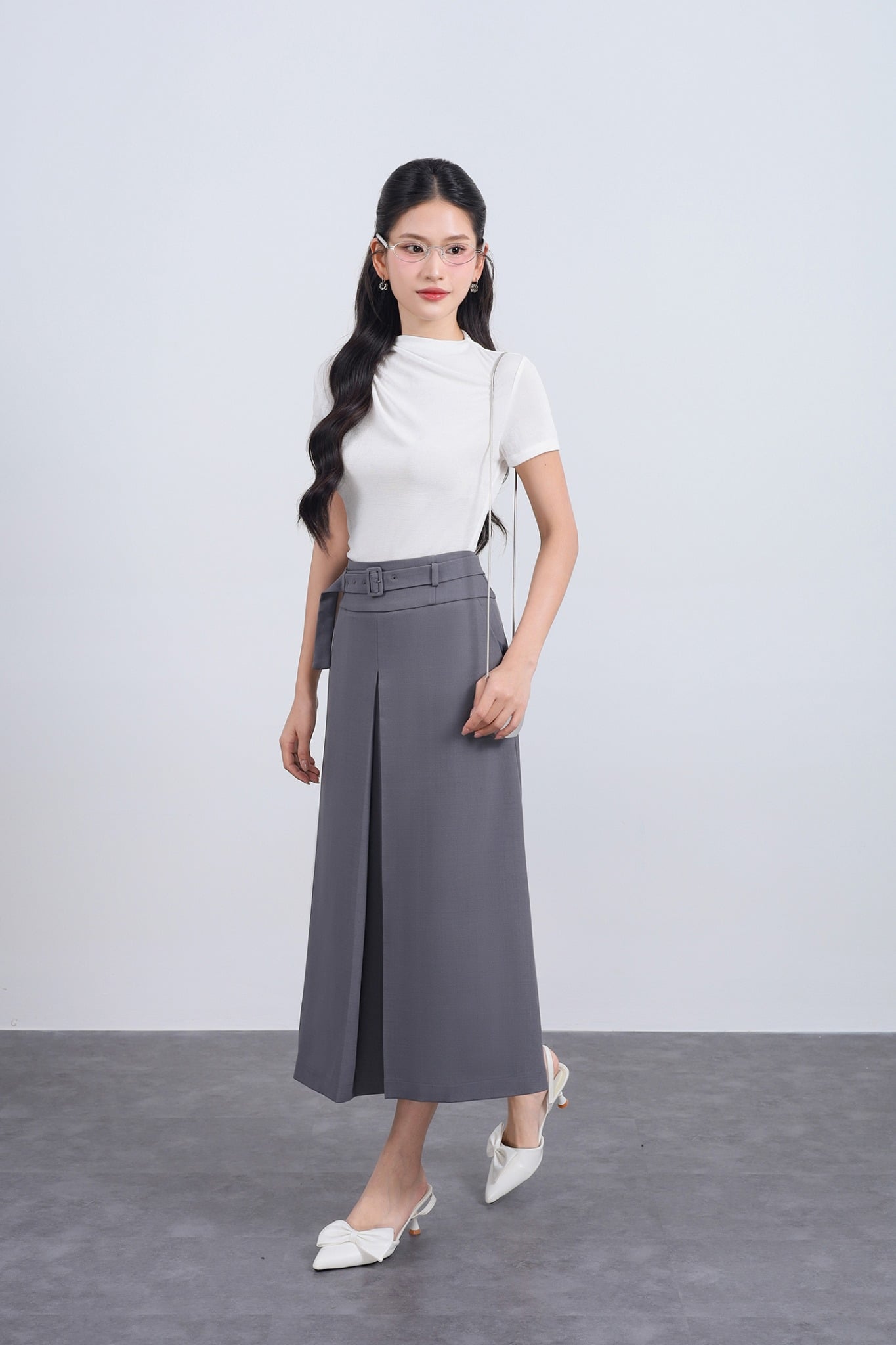 FJD51287 - Chân váy dài vải thô dáng suông thân váy phối ly xẻ tạo kiểu kèm dây đai thắt eo - JAN.