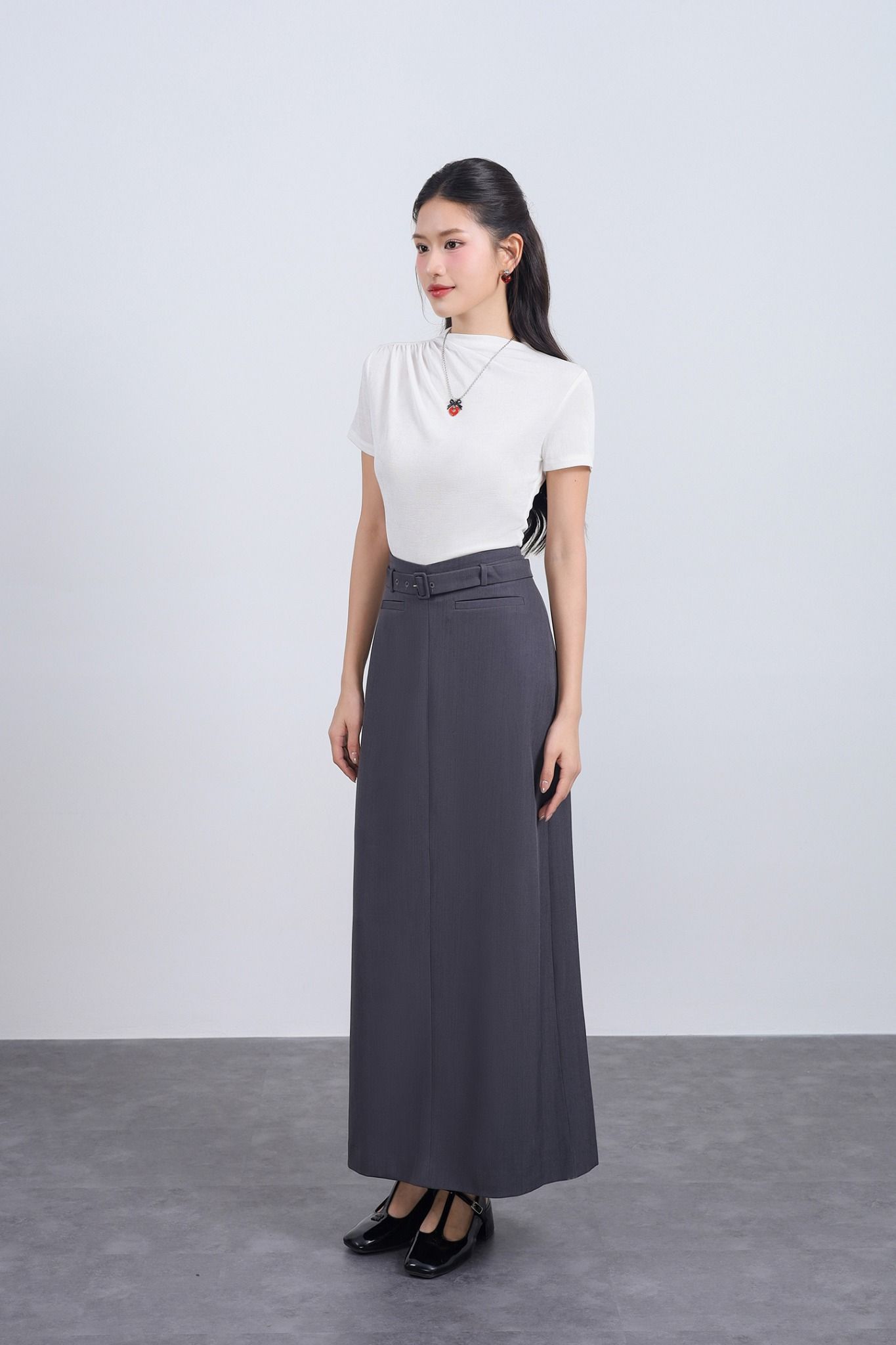 FJD51293 - Chân váy dài vải thô dáng suông cạp phối dây lưng tạo kiểu khoá thân sau - JAN.