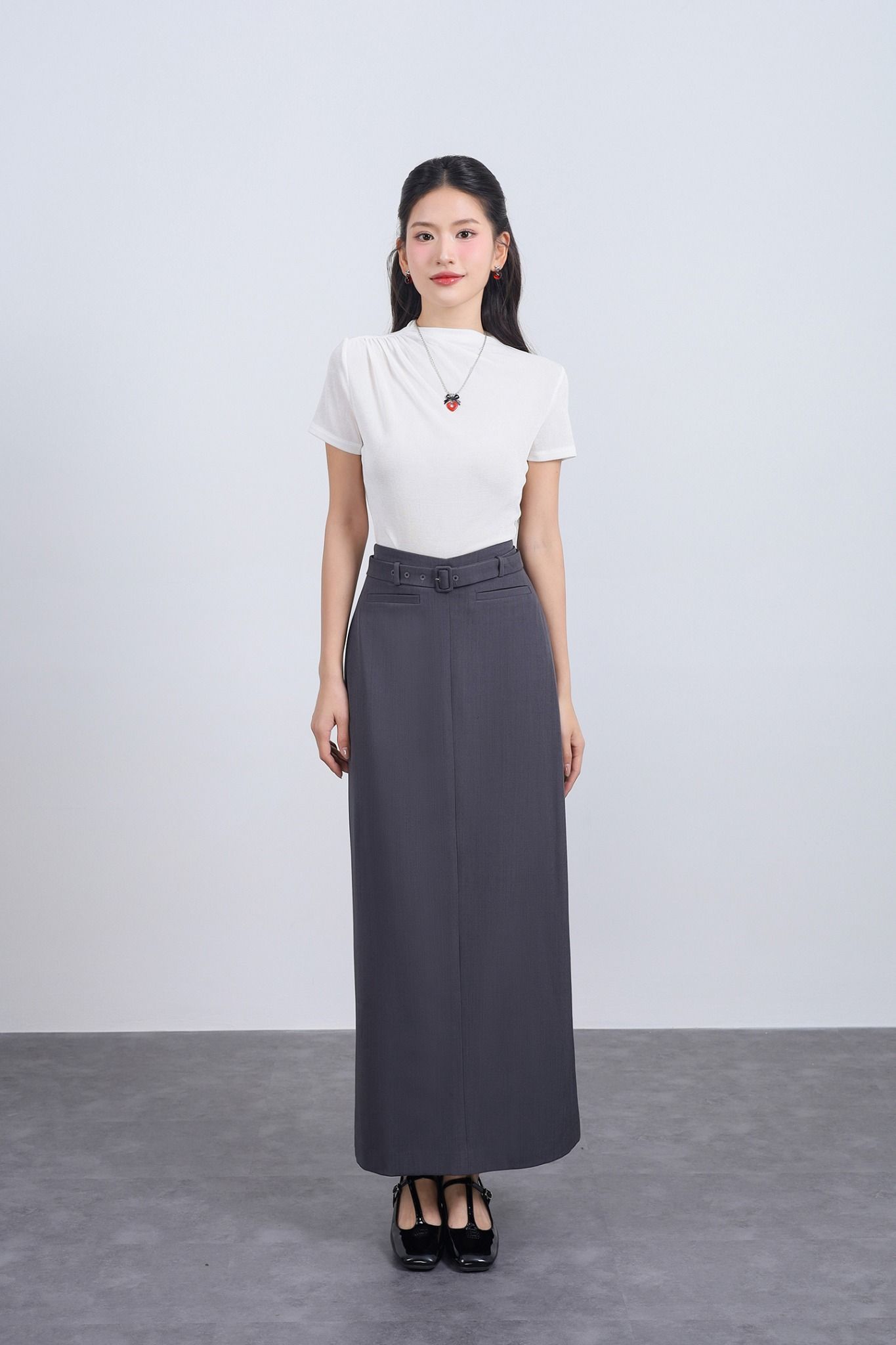 FJD51293 - Chân váy dài vải thô dáng suông cạp phối dây lưng tạo kiểu khoá thân sau - JAN.