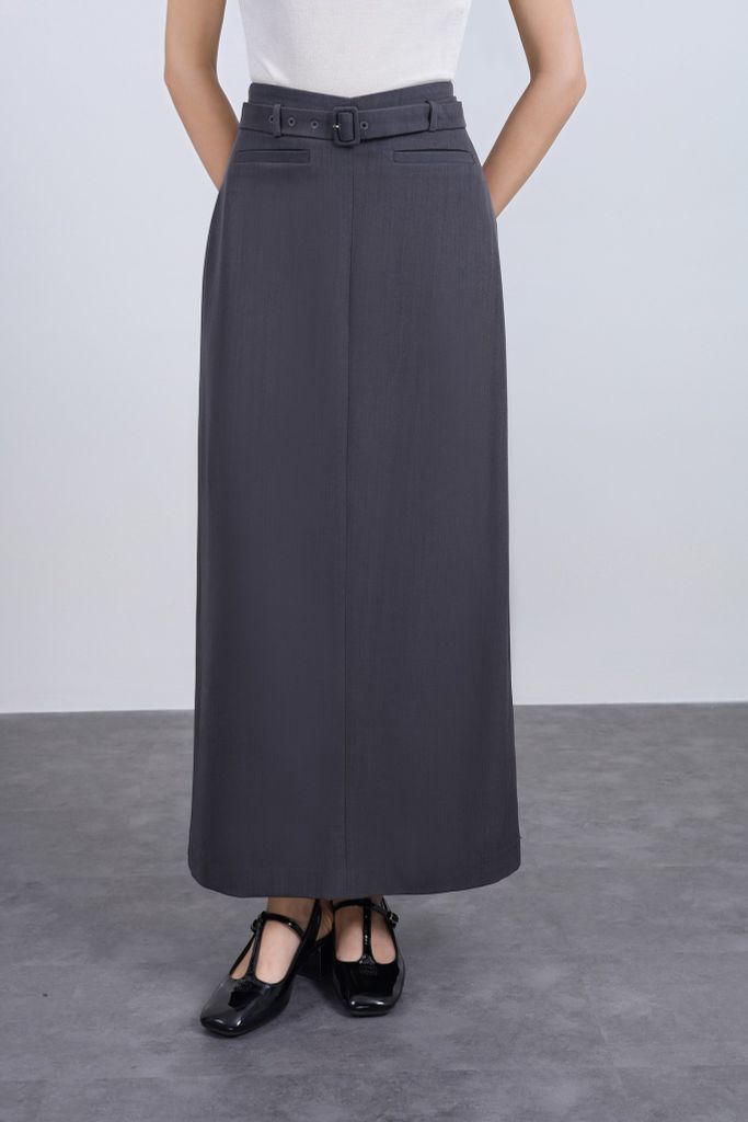 FJD51293 - Chân váy dài vải thô dáng suông cạp phối dây lưng tạo kiểu khoá thân sau - JAN.