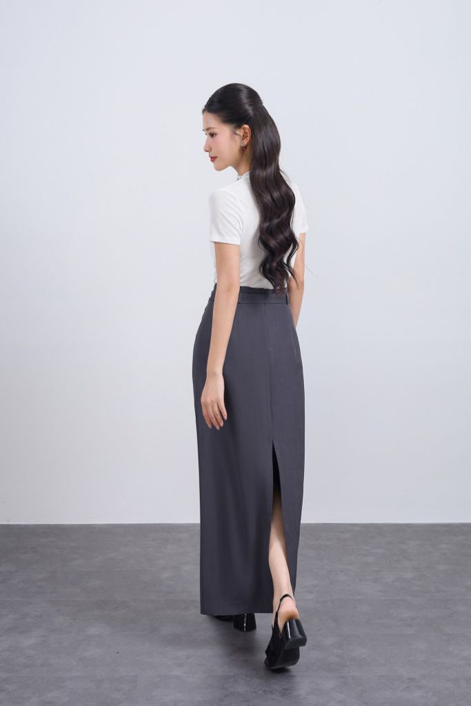 FJD51293 - Chân váy dài vải thô dáng suông cạp phối dây lưng tạo kiểu khoá thân sau - JAN.