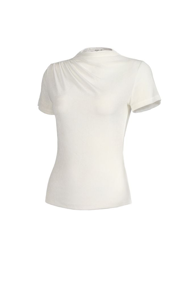 FAT3742 - Áo thun cao cấp vải len co giãn dáng ôm cổ cao vai nhún tạo kiểu - JAN.