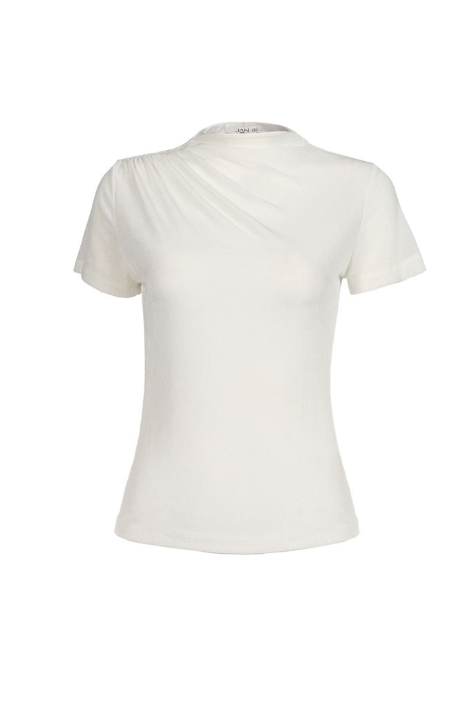 FAT3742 - Áo thun cao cấp vải len co giãn dáng ôm cổ cao vai nhún tạo kiểu - JAN.