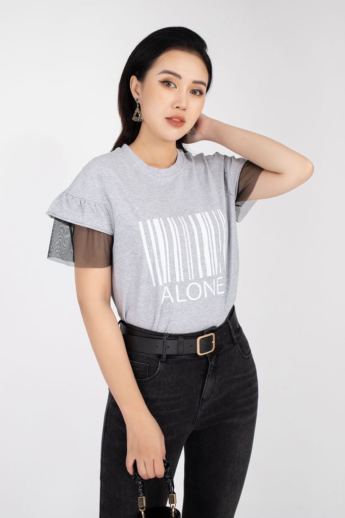 Áo dệt kim chất liệu cotton dáng suông tay phối ren lưới FAT5199 - PANTIO