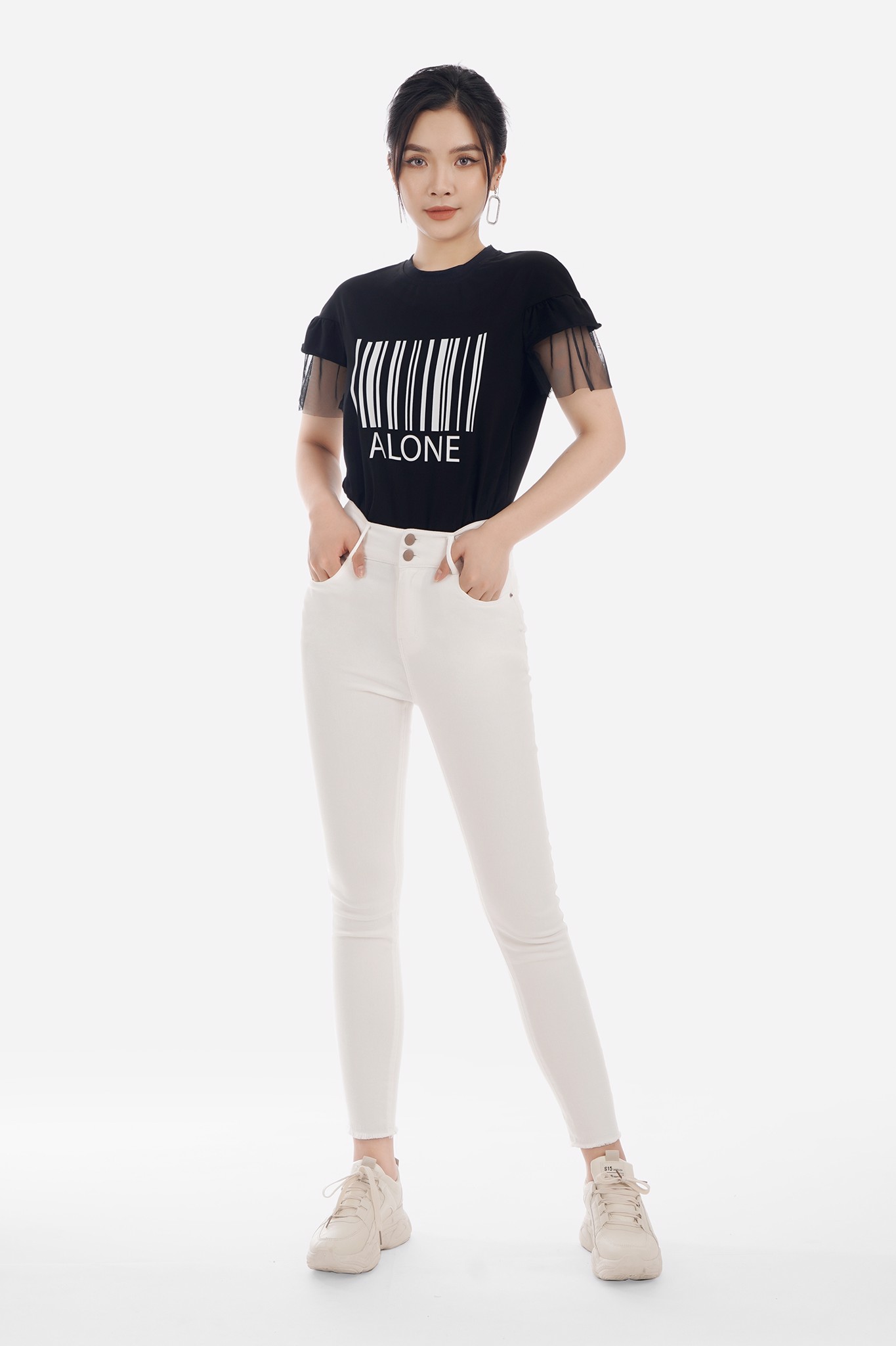 Áo dệt kim chất liệu cotton dáng suông tay phối ren lưới FAT5199 - PANTIO