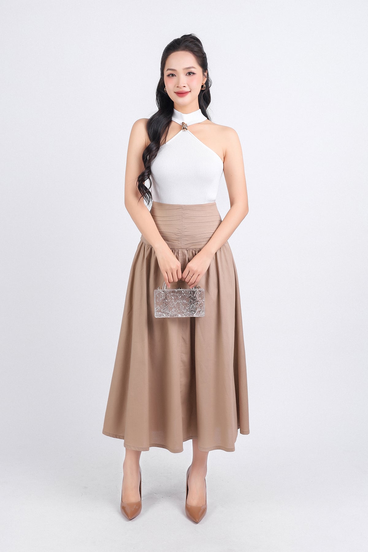 FJD51210 - Chân váy công sở vải linen hai lớp lót boi dáng chữ A dài eo đáp cạp bản to xếp nhún khoá thân sau - PANTIO