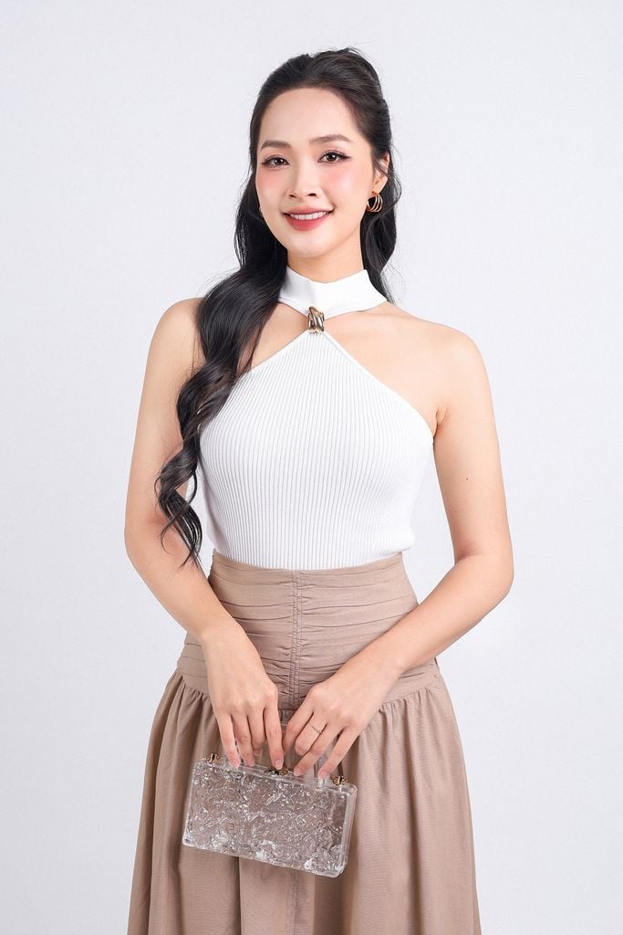 FJD51210 - Chân váy công sở vải linen hai lớp lót boi dáng chữ A dài eo đáp cạp bản to xếp nhún khoá thân sau - PANTIO