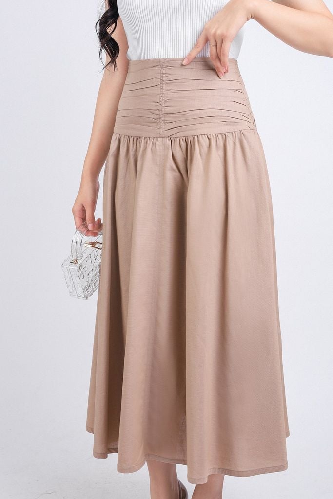FJD51210 - Chân váy công sở vải linen hai lớp lót boi dáng chữ A dài eo đáp cạp bản to xếp nhún khoá thân sau - PANTIO
