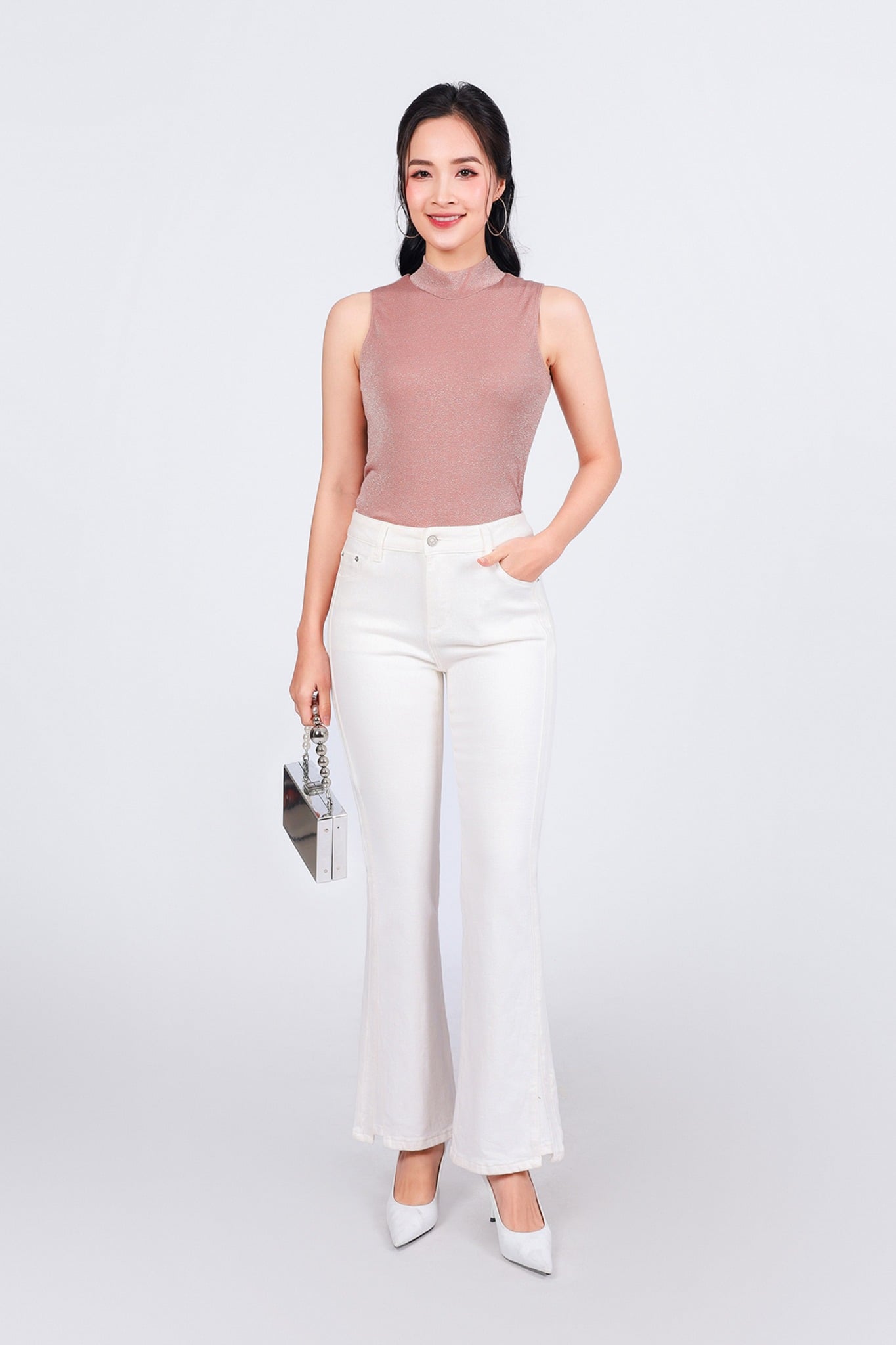 FAT5478 - Áo thun cao cấp vải len nhũ dáng ôm cổ cao không tay - PANTIO