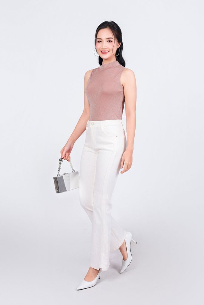 FAT5478 - Áo thun cao cấp vải len nhũ dáng ôm cổ cao không tay - PANTIO