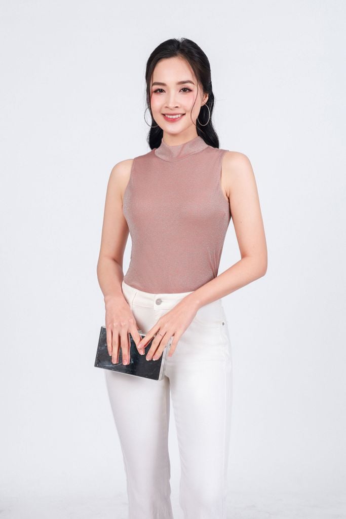 FAT5478 - Áo thun cao cấp vải len nhũ dáng ôm cổ cao không tay - PANTIO
