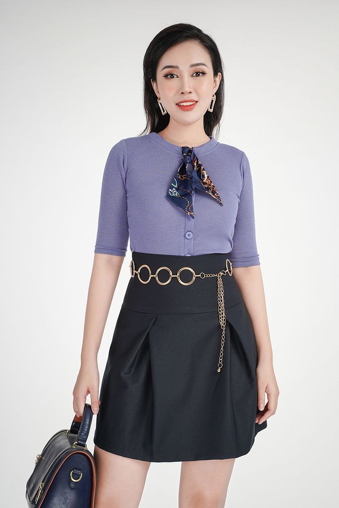 FAT7222 - Áo thun dệt kim dáng ôm, cổ đính nơ họa tiết tay lỡ - PANTIO