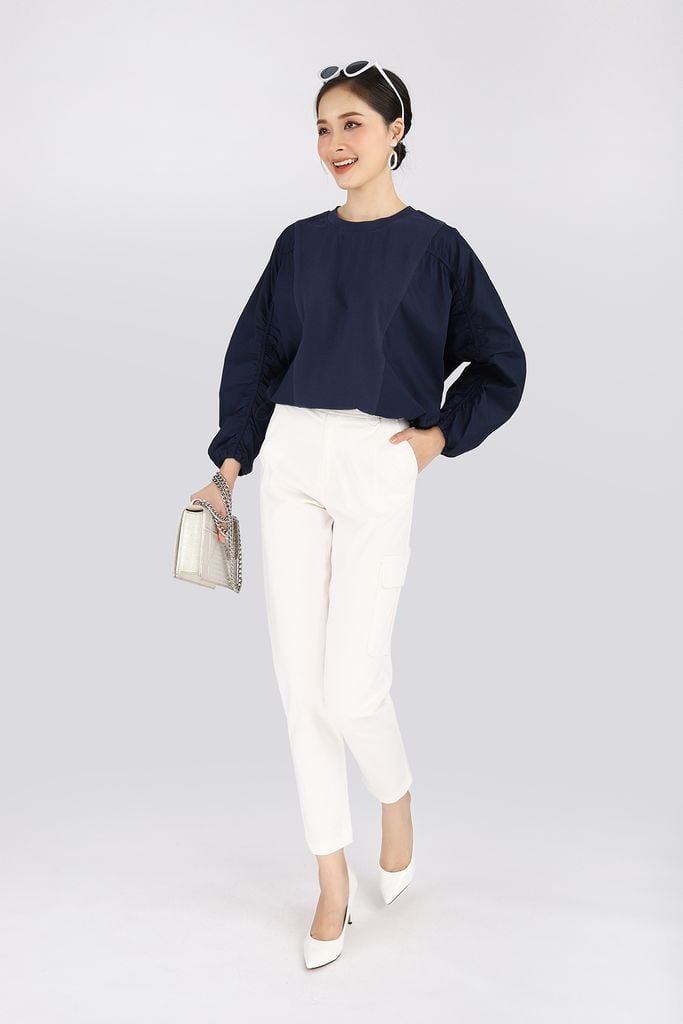 Áo dệt kim chất liệu cotton cổ tròn, rút nhúm sống tay FAT7225 - PANTIO