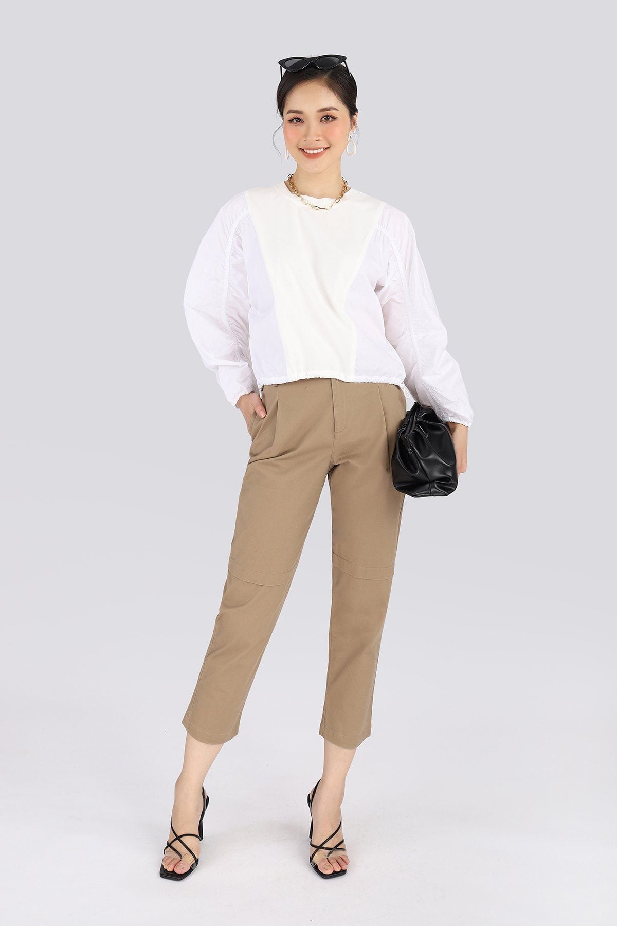 Áo dệt kim chất liệu cotton cổ tròn, rút nhúm sống tay FAT7225 - PANTIO