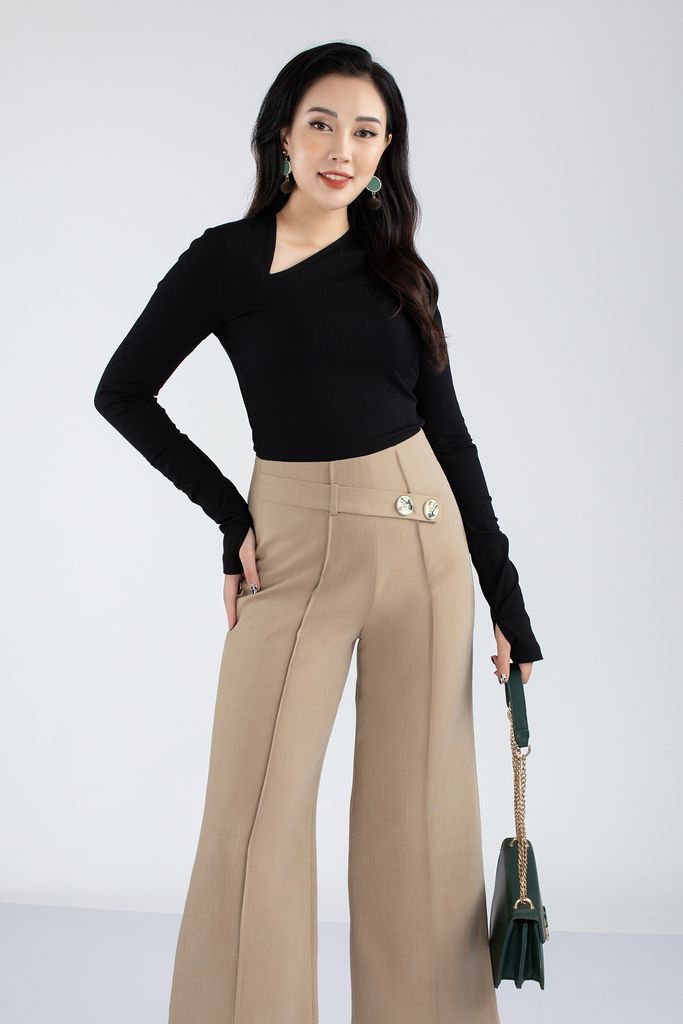 Áo dệt kim chất liệu thô đũi cổ lệch cách điệu dài tay dáng ôm FAT7229 - PANTIO