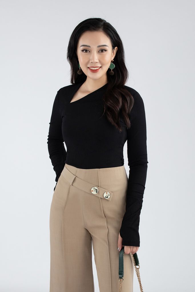 Áo dệt kim chất liệu thô đũi cổ lệch cách điệu dài tay dáng ôm FAT7229 - PANTIO