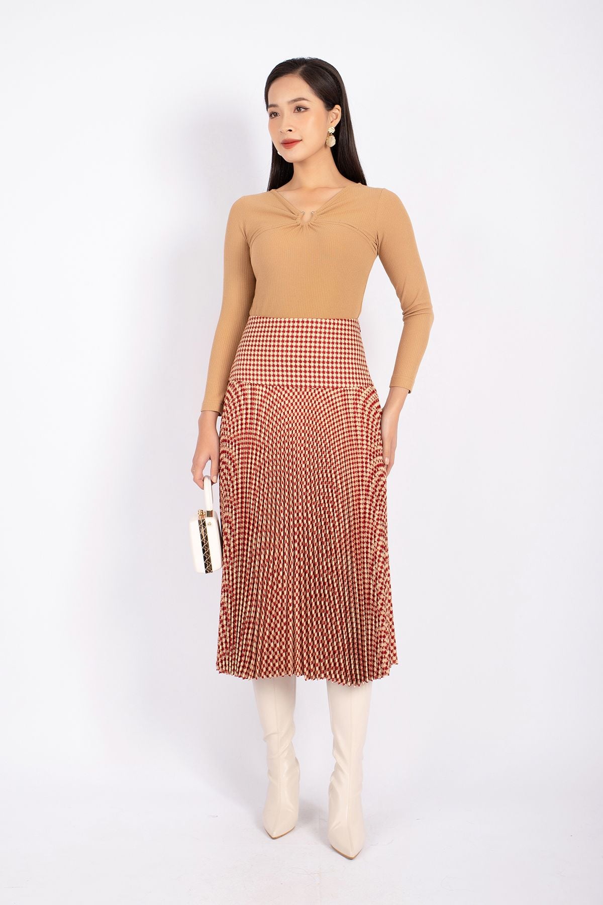 FJD71026 - Chân váy midi vải dạ dáng Xoè xếp ly cạp liền bản to khóa thân sau - PANTIO