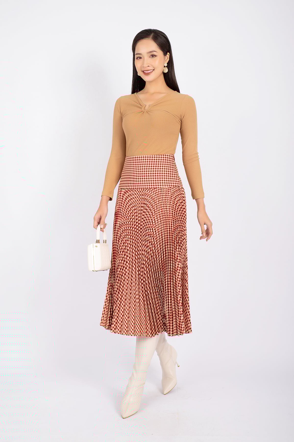 FJD71026 - Chân váy midi vải dạ dáng Xoè xếp ly cạp liền bản to khóa thân sau - PANTIO