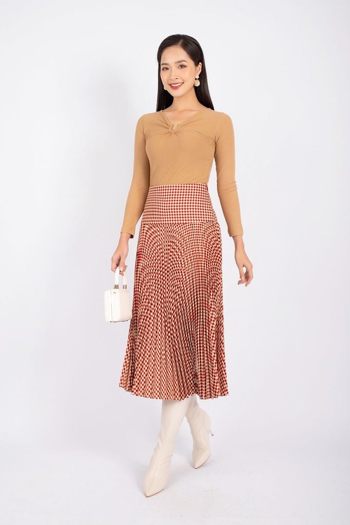 FJD71026 - Chân váy midi vải dạ dáng Xoè xếp ly cạp liền bản to khóa thân sau - PANTIO