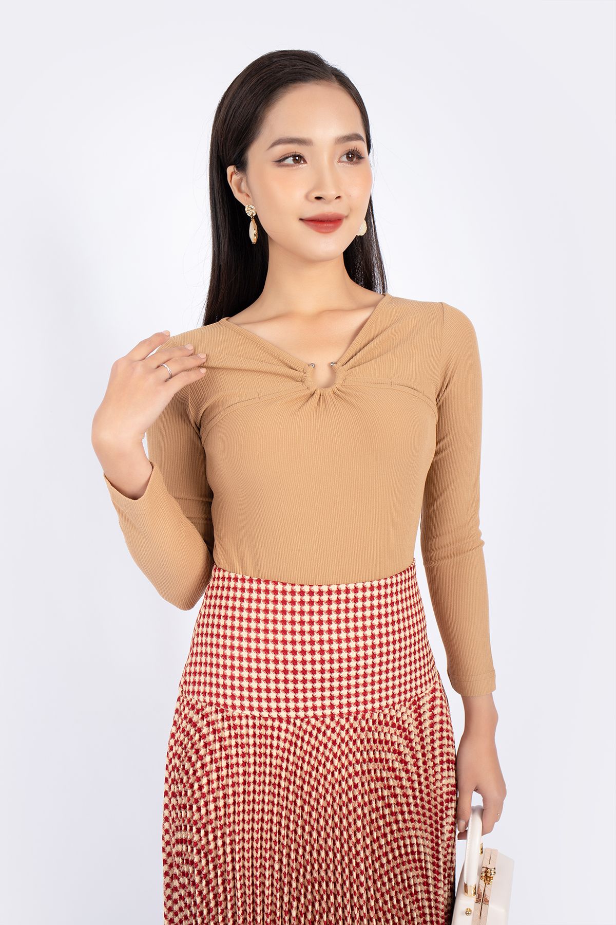 FJD71026 - Chân váy midi vải dạ dáng Xoè xếp ly cạp liền bản to khóa thân sau - PANTIO