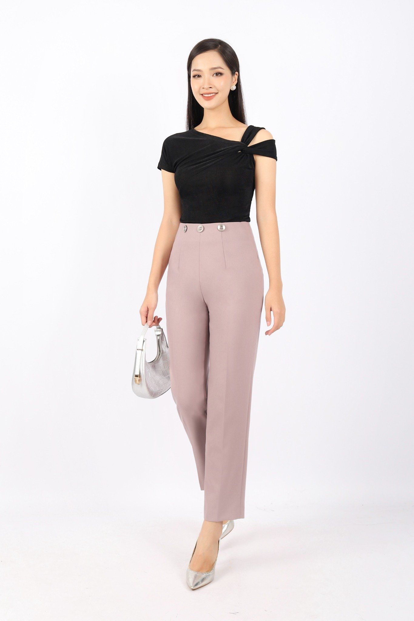 FQD51056 - Quần công sở vải thô dáng baggy cạp liền phối khuy trang trí - PANTIO