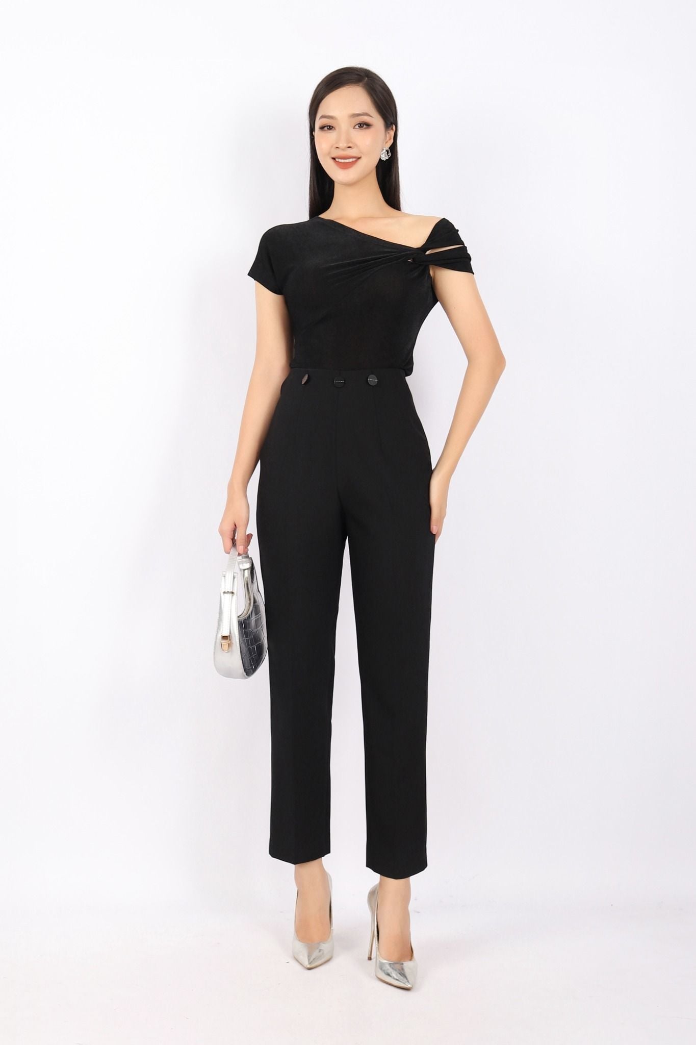 FQD51056 - Quần công sở vải thô dáng baggy cạp liền phối khuy trang trí - PANTIO