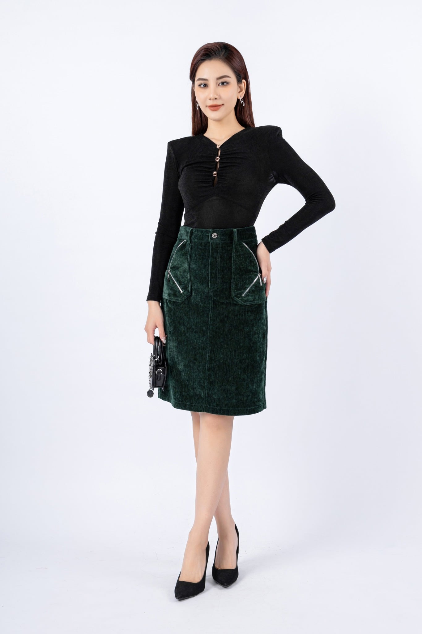 FJD51111 - Chân váy công sở vải nhung dáng bút chì có túi hai bên phối khóa kim loại trang trí - PANTIO