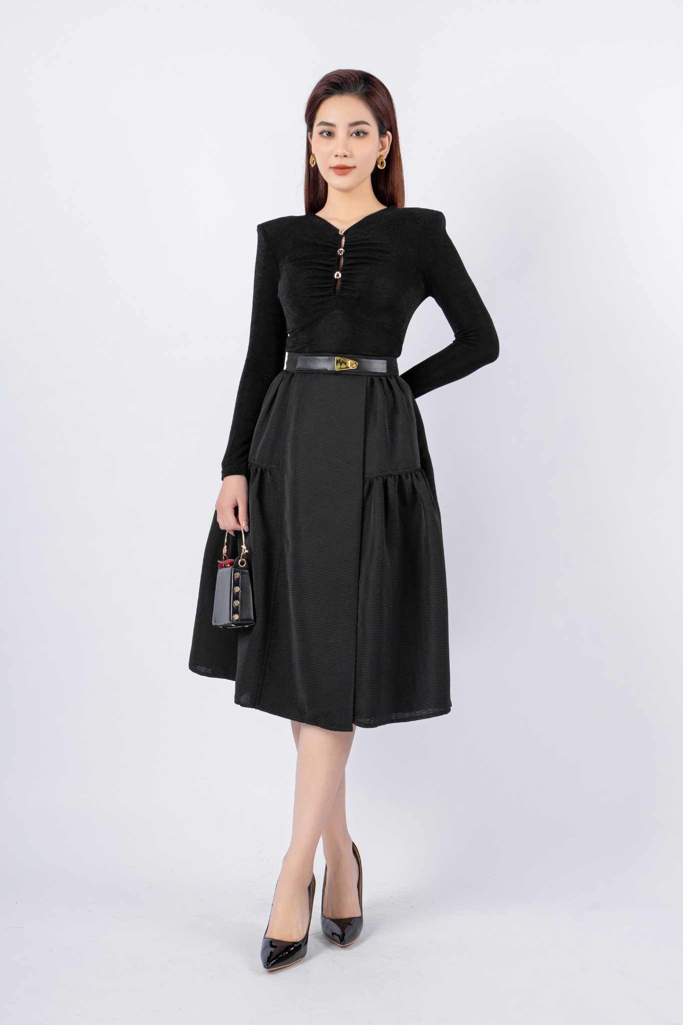 FJD51120 - Chân váy công sở vải thô dày dáng Xoè có lót vải habutai cạp phối đai da trang trí xếp nhún hai bên thân tạo kiểu khóa thân sau - PANTIO