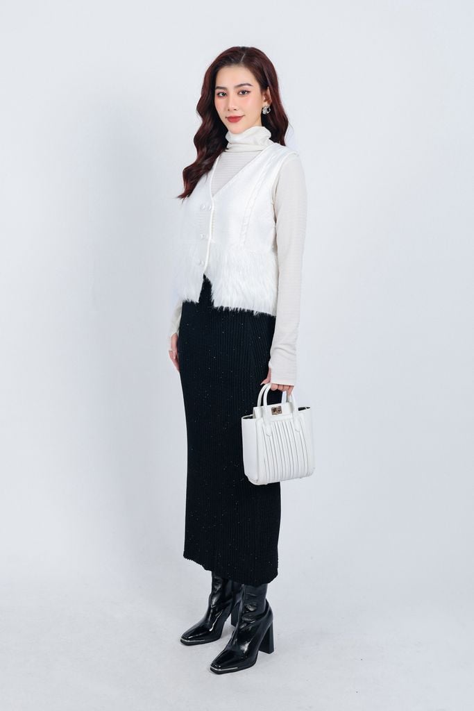 FOL430 - Áo khoác len gile phối lông mềm cao cấp dáng suông cài khuy trước - PANTIO