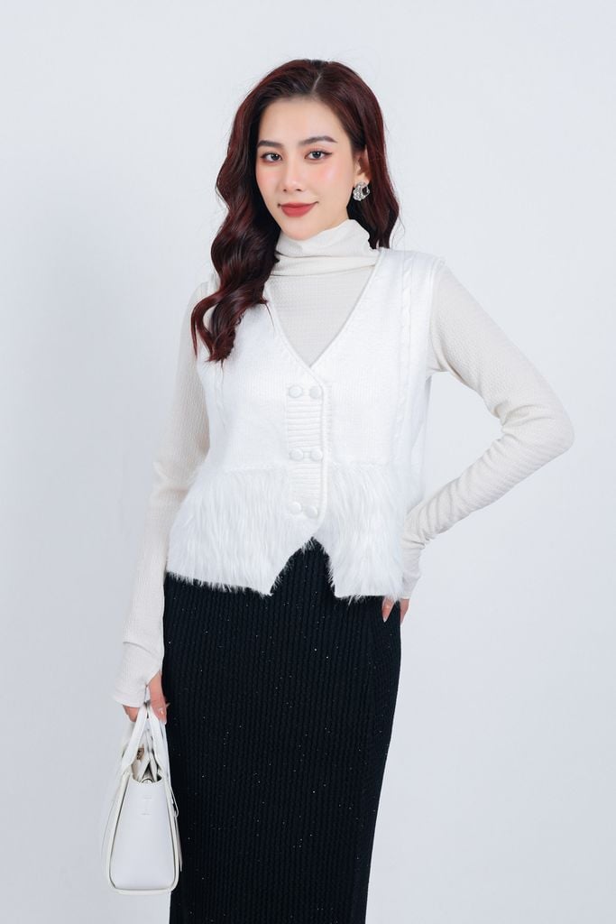 FOL430 - Áo khoác len gile phối lông mềm cao cấp dáng suông cài khuy trước - PANTIO