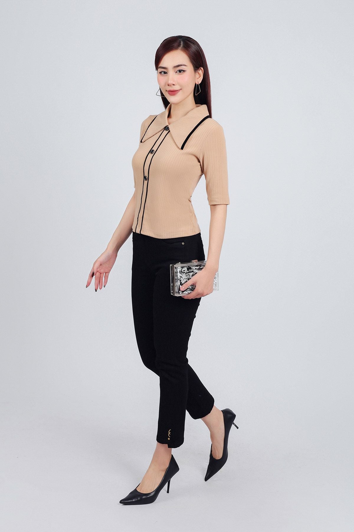 FAT7381 - Áo thun thời trang cao cấp vải len dáng ôm cổ đức bản to cài khuy tay lỡ thân áo hoạ tiết đường kẻ - PANTIO