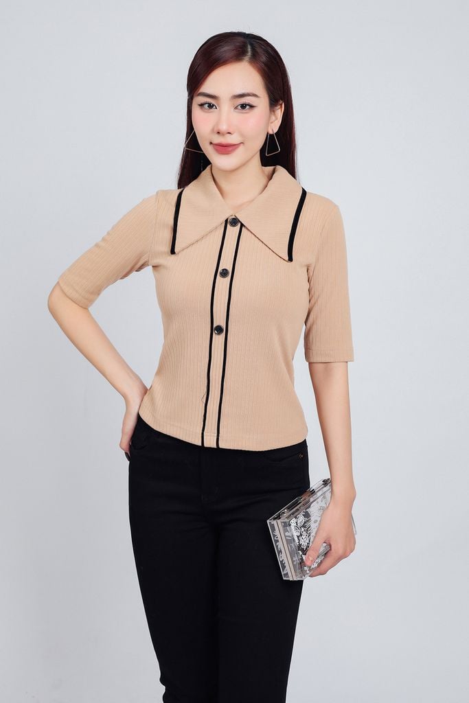 FAT7381 - Áo thun thời trang cao cấp vải len dáng ôm cổ đức bản to cài khuy tay lỡ thân áo hoạ tiết đường kẻ - PANTIO