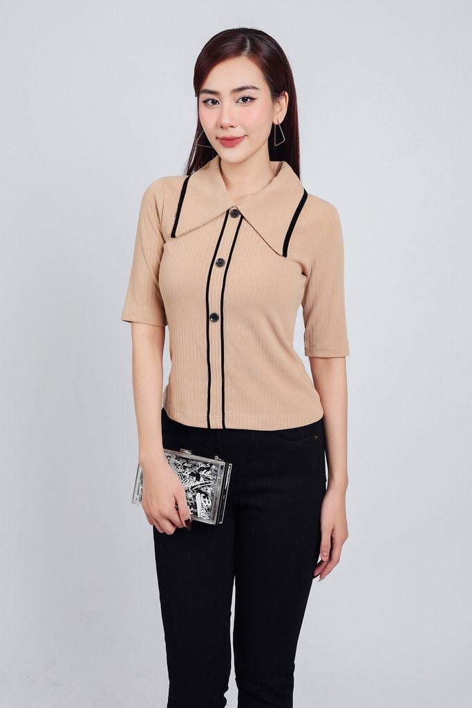 FAT7381 - Áo thun thời trang cao cấp vải len dáng ôm cổ đức bản to cài khuy tay lỡ thân áo hoạ tiết đường kẻ - PANTIO