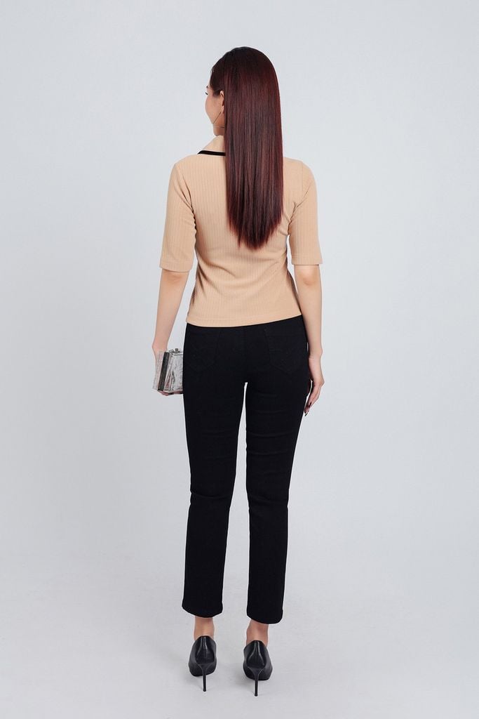 FAT7381 - Áo thun thời trang cao cấp vải len dáng ôm cổ đức bản to cài khuy tay lỡ thân áo hoạ tiết đường kẻ - PANTIO