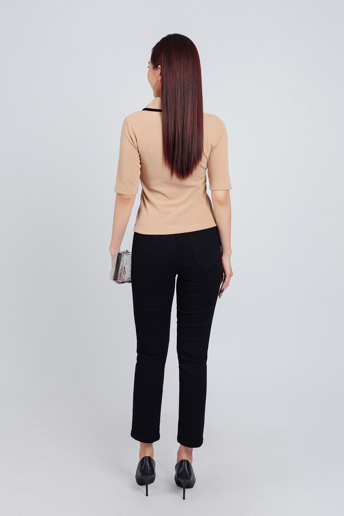 FAT7381 - Áo thun thời trang cao cấp vải len dáng ôm cổ đức bản to cài khuy tay lỡ thân áo hoạ tiết đường kẻ - PANTIO