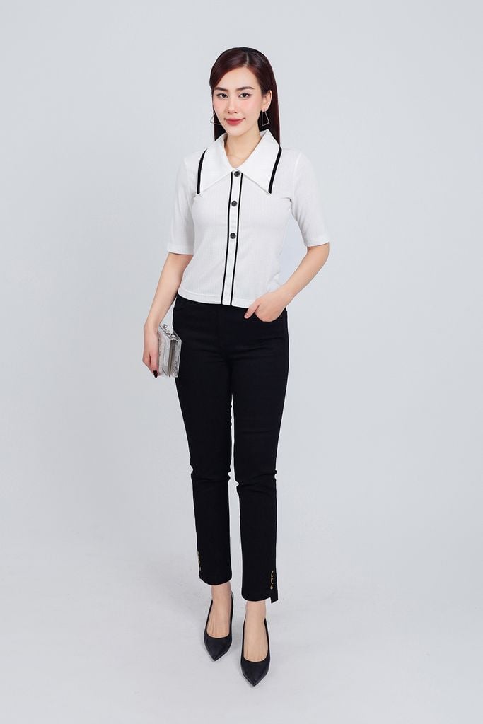 FAT7381 - Áo thun thời trang cao cấp vải len dáng ôm cổ đức bản to cài khuy tay lỡ thân áo hoạ tiết đường kẻ - PANTIO