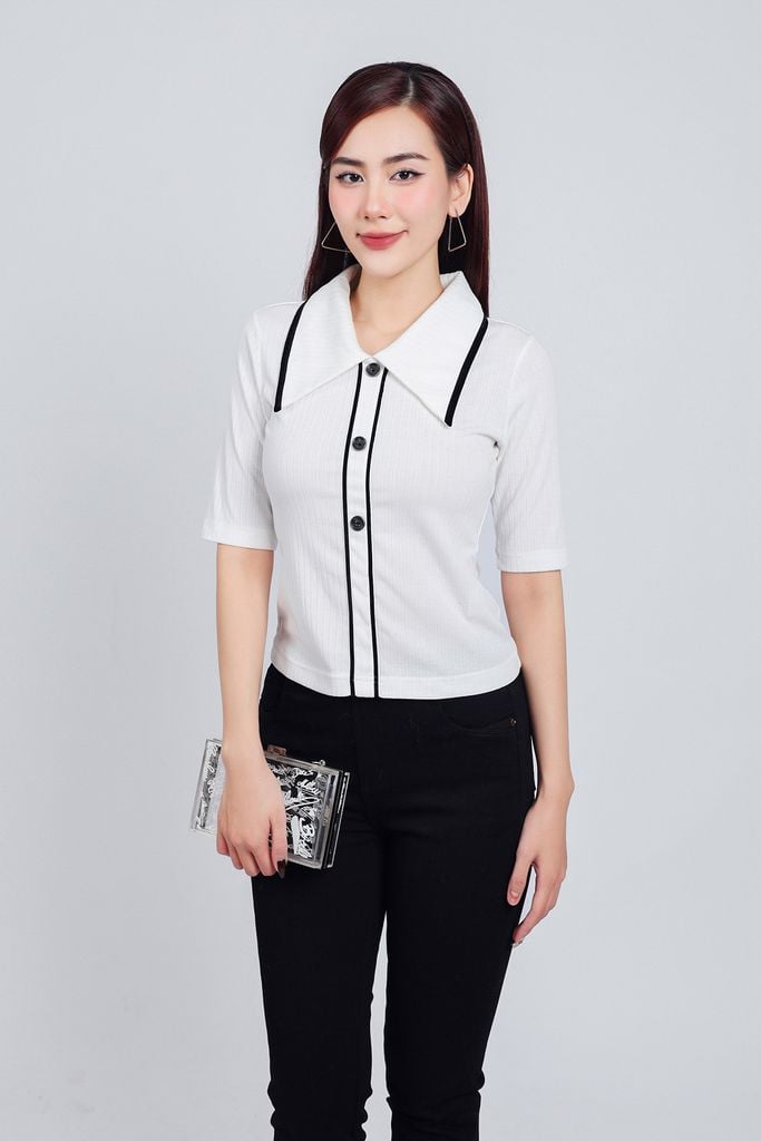 FAT7381 - Áo thun thời trang cao cấp vải len dáng ôm cổ đức bản to cài khuy tay lỡ thân áo hoạ tiết đường kẻ - PANTIO