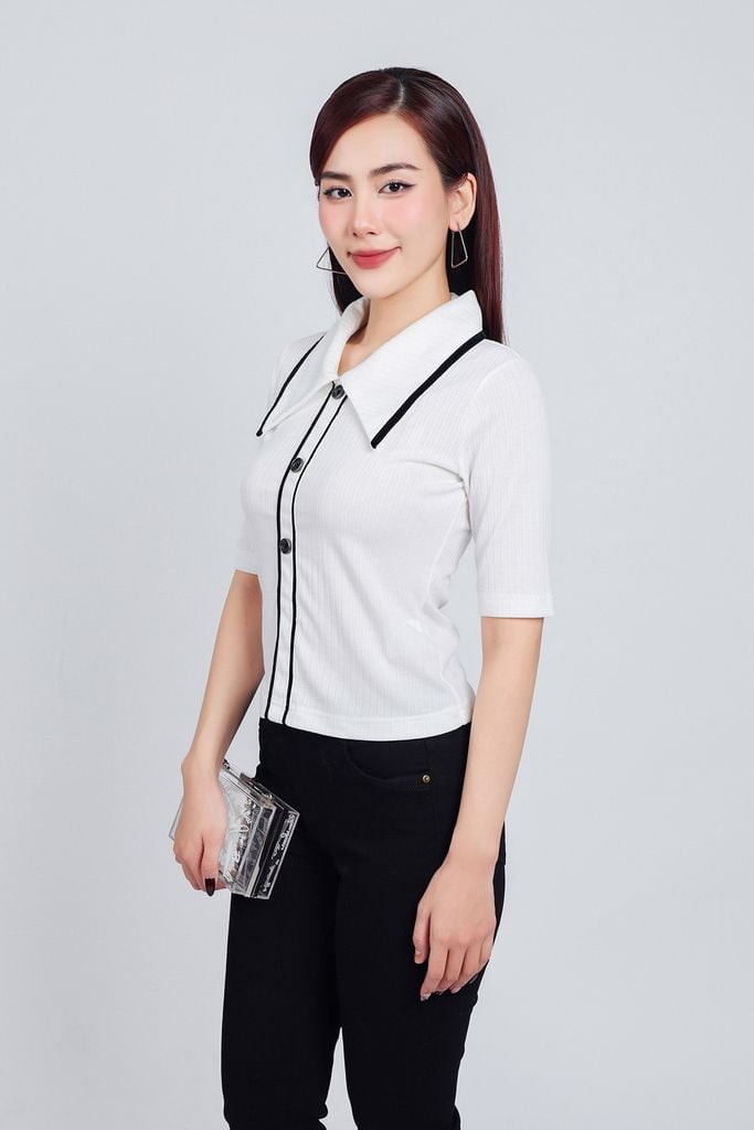 FAT7381 - Áo thun thời trang cao cấp vải len dáng ôm cổ đức bản to cài khuy tay lỡ thân áo hoạ tiết đường kẻ - PANTIO