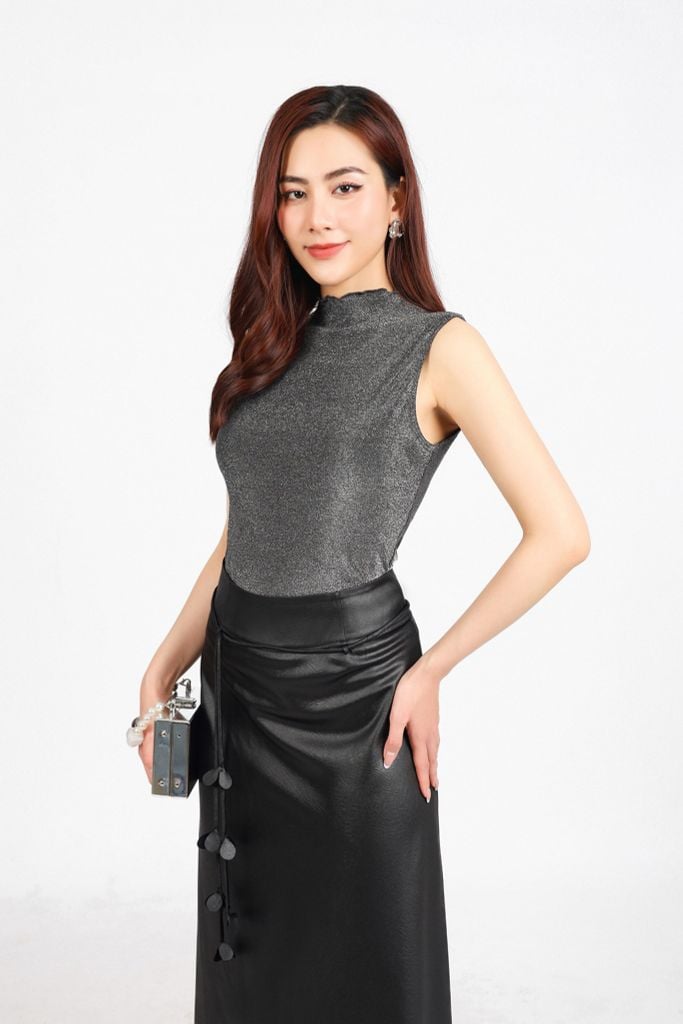 FAT7396 - Áo thun vải len nhũ dáng ôm cổ cao không tay thời trang - PANTIO