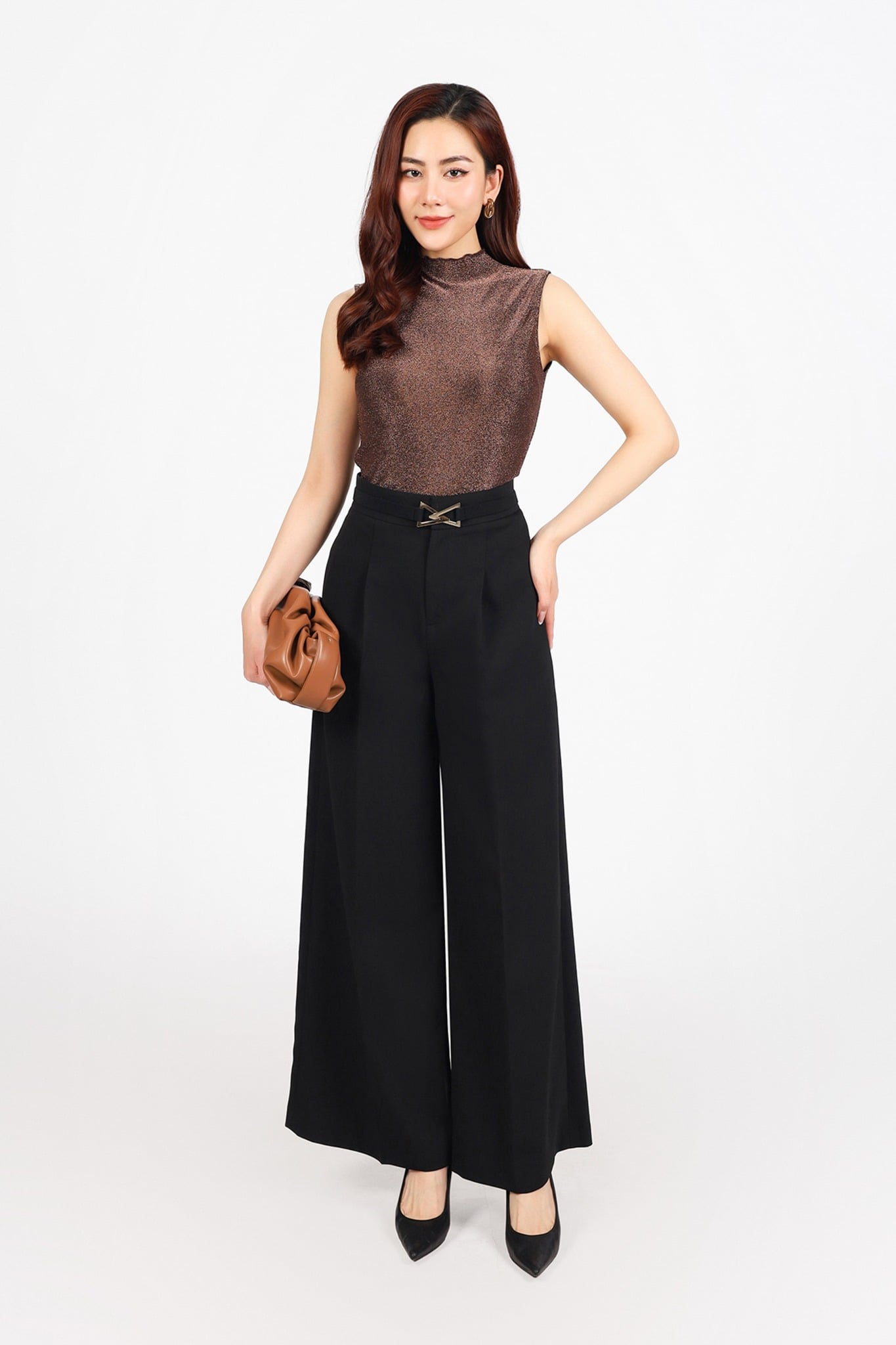 BQD13391 - Quần dài công sở vải thô dày dáng suông ống rộng phối ly tạo kiểu khóa thân trước - PANTIO