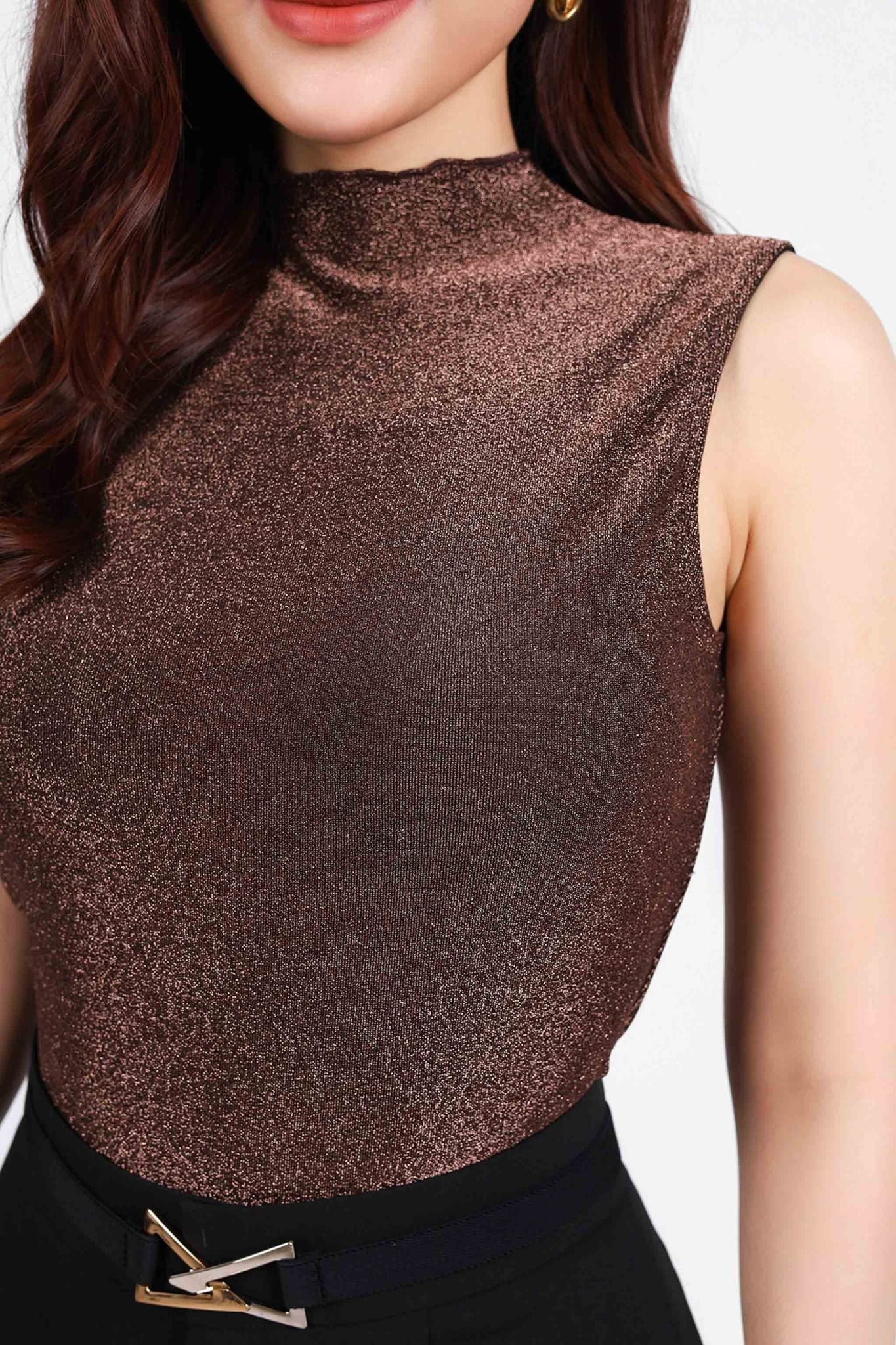 FAT7396 - Áo thun vải len nhũ dáng ôm cổ cao không tay thời trang - PANTIO