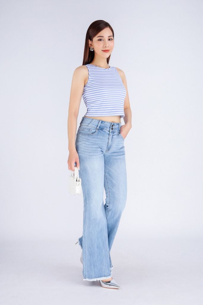 FQB168 - Quần jean cao cấp vải denim dáng loe ống vẩy gấu rút tua rua tạo kiểu - PANTIO