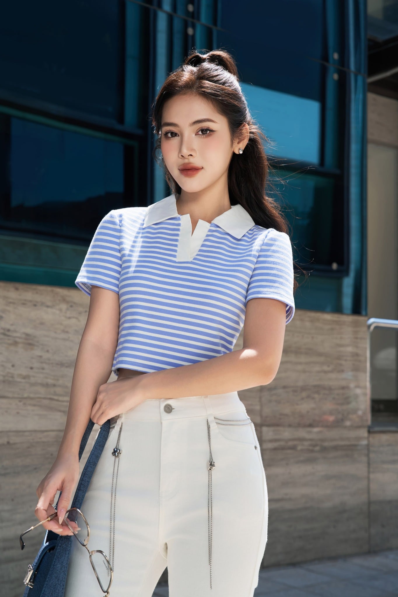 FAT7411 - Áo thun dạo phố vải len dáng croptop cổ đức phối vải thô tạo kiểu - PANTIO