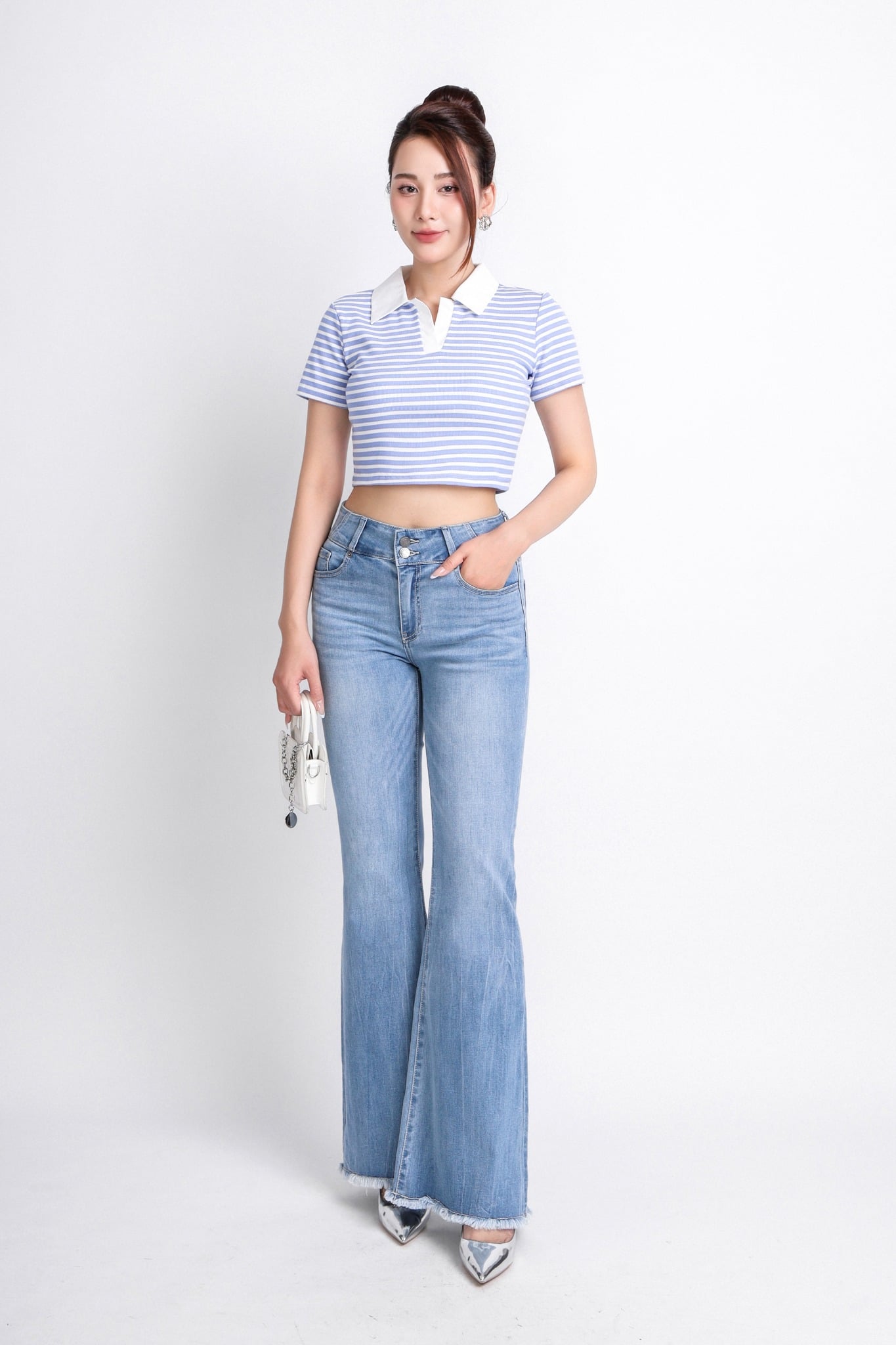 FAT7411 - Áo thun dạo phố vải len dáng croptop cổ đức phối vải thô tạo kiểu - PANTIO