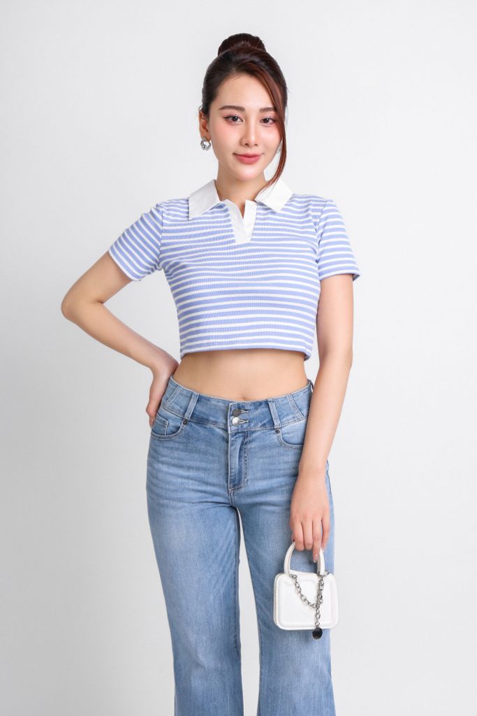FAT7411 - Áo thun dạo phố vải len dáng croptop cổ đức phối vải thô tạo kiểu - PANTIO
