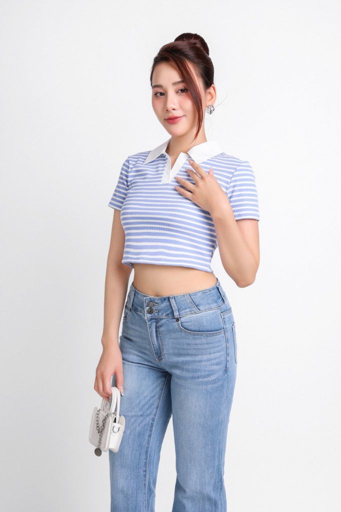 FAT7411 - Áo thun dạo phố vải len dáng croptop cổ đức phối vải thô tạo kiểu - PANTIO